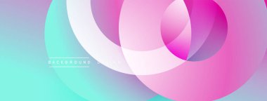Soyut renkli arkaplan. Üst üste binen daireler dinamik görsel efekt yaratır. Renkli gölgeler turkuazdan pembeye dönüşüyor. Modern tasarım ögesi.