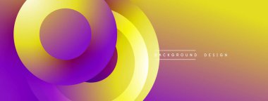 Soyut eğim arkaplanı. Daireler örtüşüyor, parlak mor ve sarı renkler yaratıyor. Dijital projeler için modern tasarım ögesi.