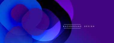 Soyut sıvı şekilleri örtüşür, parlak mor ve mavi renkler yaratır. Sancaklar ve sunumlar için modern tasarım unsuru. Minimalist estetik.