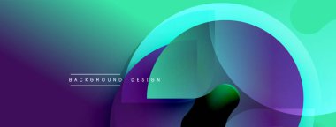 Soyut gradyanlar mor, deniz mavisi ve yeşili harmanlarlar. Üst üste binen şekiller dinamik görsel efekt yaratır. Minimum metin arkaplan tasarımı okur.
