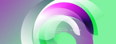 Soyut tasarım katmanlı şeffaf daireler. Mor, yeşil, beyaz renkler düzgün bir şekilde modern görsel efekt oluşturur. Arkaplan metin içerir.
