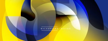 Soyut geometrik şekiller çakışıyor. Sarı, mavi gradyanlar dinamik görsel efekt yaratır. Arka planlar için modern tasarım ögesi.