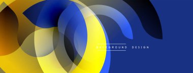 Soyut tasarım, üst üste binen daireler, sarı, mavi renkler. Modern estetik, dinamik kompozisyon, uygun afiş arkaplanı.
