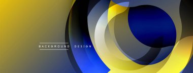 Soyut tasarım özellikleri üst üste binen daireler, gradyanlar. Sarı, mavi, gri tonlar modern görsel efekt yaratır. Metin arkaplan tasarımı okur.