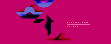 Soyut geometrik şekiller canlı pembe arka planla örtüşür. Modern tasarım elementleri dinamik görsel kompozisyon oluşturur. Minimalist stil.