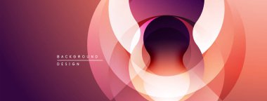 Soyut tasarım katmanlı daireler, gradyanlar içerir. Renkler mordan turuncuya değişir, dinamik görsel efekt yaratır. Modern, minimalist stil.