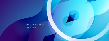 Soyut sıvı şekilleri, canlı maviler, morlar dinamik bir zemin oluşturur. Modern tasarım elementleri hareket, derinlik.