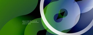 Soyut tasarım yeşil, mavi şekillerde akıyor. Üst üste binen daireler dinamik görsel efekt yaratır. Minimum metin mevcut. Modern estetik.