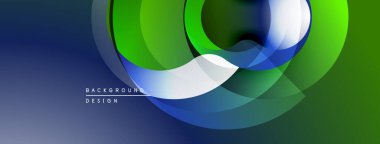 Soyut tasarım özellikleri üst üste binen daireler, gradyanlar. Mavi, yeşil renkler kompozisyona hakim. Minimum metin mevcut, modern estetik.