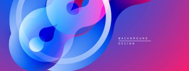 Soyut akışkan şekiller harmanlanarak, canlı bir arkaplan oluşturur. Mor, mavi renkler dizaynın baskın rengidir. Hareket ve enerji önerir..