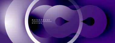Soyut mor tasarım, üst üste binen daireler, gradyanlar, beyaz çizgiler. Modern, dinamik kompozisyon arka plan için uygundur.