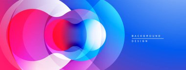 Soyut renkli daireler çakışıyor, dinamik görsel efekt yaratıyor. Gradyan mavi arka plan canlı renkleri tamamlar. Modern tasarım ögesi.