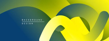 Soyut sıvı şekilleri kesişir. Sarı, yeşil, mavi gradyanlar dinamik bileşim oluşturur. Arka planlar için modern tasarım ögesi.