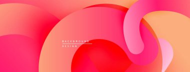 Soyut sıvı şekiller, canlı pembeler, portakallar modern arka plan oluşturur. Üst üste binen katmanlar derinlik ve dinamik bileşim öneriyor.