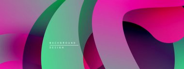 Soyut renkli şekiller çakışıyor. Canlı pembeler, yeşiller, mor renkler pürüzsüz bir şekilde harmanlanmış. Arkaplan ve sunumlar için modern tasarım ögesi.