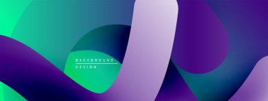 Soyut sıvı şekiller, canlı renklerin karışımı. Mor, deniz mavisi, yeşil dinamik bileşim yaratır. Modern tasarım ögesi.