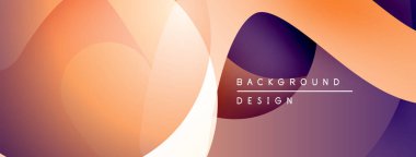 Soyut sıvı şekilleri turuncu ve mor renkleri harmanlıyor. Modern tasarım pürüzsüz geçişleri, dinamik kompozisyonu çağrıştırıyor. Arkaplanda metin ögeleri.