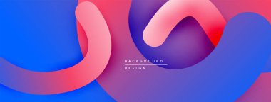 Soyut sıvı şekilleri kesişir. Canlı mavi, pembe, mor gradyanlar dinamik bileşim oluşturur. Arka planlar için modern tasarım ögesi.