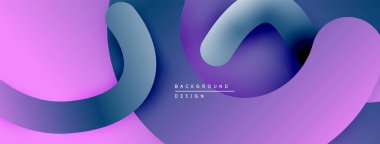 Soyut sıvı şekiller, mor renkler tasarımda baskın. Yumuşak kıvrımlar dinamik bileşim yaratır, modern estetik. Arkaplan eğimli renkler içerir.