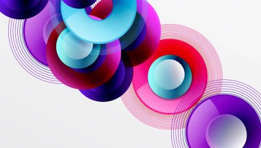 Soyut renkli daireler çakışıyor, dinamik görsel efekt yaratıyor. Çizgiler şekillerden, derinlik ve hareketten oluşur..