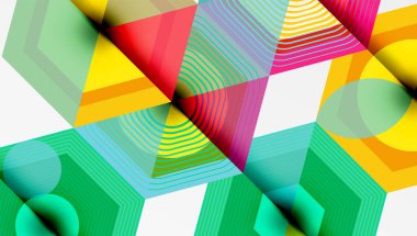 Soyut geometrik bileşim. Canlı şekiller örtüşür, dinamik görsel doku yaratır. Çizgiler derinlik ve hareket olduğunu gösteriyor..