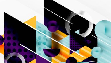 Soyut geometrik bileşim. Şekiller çakışıyor, dinamik görsel etki yaratıyor. Renkler arasında mor, mavi, sarı, siyah, beyaz var. Modern tasarım.