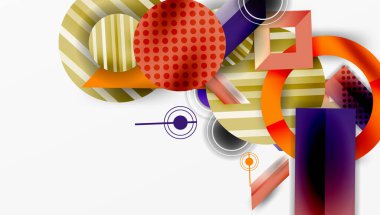 Soyut geometrik şekiller çakışıyor. Daireler, dikdörtgenler, çizgiler dinamik bileşim yaratır. Sıcak renkler baskın, havalı aksanlarla. Modern tasarım.