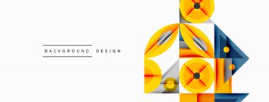 Soyut geometrik şekiller, canlı renkler, modern tasarım. Sarı, mavi, turuncu elementler dinamik bileşim oluşturur. Temiz, minimalist estetik.