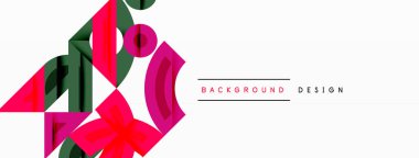 Soyut geometrik şekiller, pembeler, yeşiller beyaz arka plana hakim. Modern tasarım elementleri dinamik görsel etki yaratır.