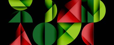 R, O, V, P. harflerini içeren soyut geometrik tasarım örtüşüyor, canlı kırmızı, yeşil renk şeması yaratıyor. Modern, minimalist stil.