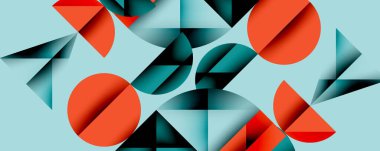 Soyut geometrik şekiller örtüşür, dinamik bileşim yaratır. Kırmızı, deniz mavisi, gri renkler açık mavi arkaplana hakim. Modern tasarım.