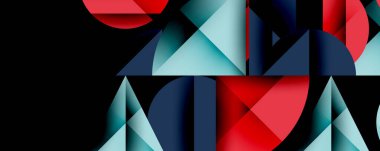 Soyut geometrik şekiller, üçgenler kompozisyona hakim. Kırmızı, mavi renkler modern görsel etki yaratır. Minimalist tasarım.