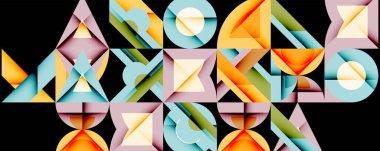 Soyut geometrik şekiller, renkli çokgenler, üst üste binen formlar dinamik bileşim oluşturur. Modern tasarım, canlı renkler, sanatsal ifade.