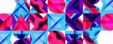 Soyut geometrik desen. Canlı pembeler, maviler kompozisyona hakim. Şekiller birbirine kenetlenerek dinamik görsel doku oluşturur.