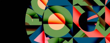 Soyut geometrik bileşim. Şekiller çakışıyor, dinamik görsel etki yaratıyor. Renkler arasında yeşil, turuncu, pembe, mavi var. Modern tasarım.