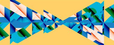 Soyut geometrik şekiller, üçgenler kompozisyona hakim. Mavi, yeşil, şeftali rengi karşıt sarı arka plan. Modern tasarım.