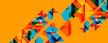 Soyut geometrik şekiller örtüşür, dinamik görsel doku oluşturur. Parlak renkler turuncu arka plana hakim. Modern tasarım elemanları.