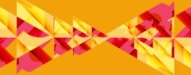 Soyut geometrik tasarım. Sarı, kırmızı, pembe üçgenler dinamik dalga desenleri oluşturur. Kalın renkler, modern estetik.