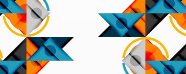 Geometrik desen üçgenler, daireler, turuncu, gri, deniz mavisi renkleri içerir. Tekrarlayan tasarım simetrik görsel ritim yaratır.