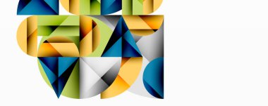 Soyut geometrik bileşim. Şekiller örtüşüyor, karmaşık görsel doku oluşturuyor. Renkler mavi, yeşil, sarı, turuncu. Modern tasarım.