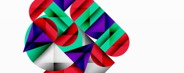 Soyut geometrik şekiller, canlı renkler, dinamik bileşim. Kırmızı, yeşil, mor elementler modern görsel etki yaratır.