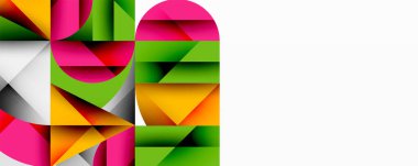 Soyut geometrik şekiller, canlı renkler, modern tasarım. Bileşik özellikler üst üste binen üçgenler, dikdörtgenler, eğriler. Temiz estetik.