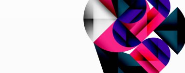 Soyut geometrik şekiller, canlı renkler, dinamik bileşim. Pembe, mor, deniz mavisi egemen tasarım, modern estetik yaratıyor.