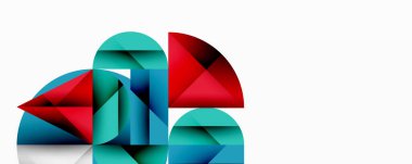 Soyut geometrik şekiller, canlı renkler, modern tasarım. Kompozisyon üst üste binen segmentler, dinamik görsel efekt oluşturur.