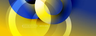 Soyut tasarım, üst üste binen daireler, sarı, mavi gradyanlar. Modern estetik, arka planlar ve sunumlar için uygun. Yumuşak geçişler görsel derinlik yaratır.