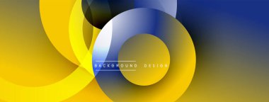 Soyut tasarım özellikleri üst üste binen daireler, gradyanlar. Sarı, mavi renkler modern görsel efektler yaratır. Metin arkaplan tasarımı okur.