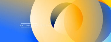 Soyut tasarım özellikleri üst üste binen daireler, farklı renkler. Mavi, sarı, turuncu renkler modern görsel efektler yaratır. Minimalist stil.