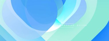 Soyut akışkan şekiller, havalı maviler, turkuaz renkler dinamik arkaplan oluşturur. Yumuşak eğimler, üst üste binen katmanlar hareket ve derinlik öneriyor..