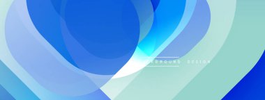 Soyut mavi tasarım, üst üste binen daireler, gradyanlar. Yumuşak kıvrımlar dinamik, akan görsel efektler yaratır. Modern estetik.