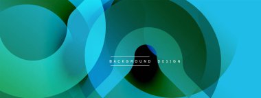 Soyut sıvı şekiller, canlı deniz mavisi renkleri, üst üste binen daireler dinamik arkaplan oluşturur. Modern tasarım elementleri hareket, derinlik.